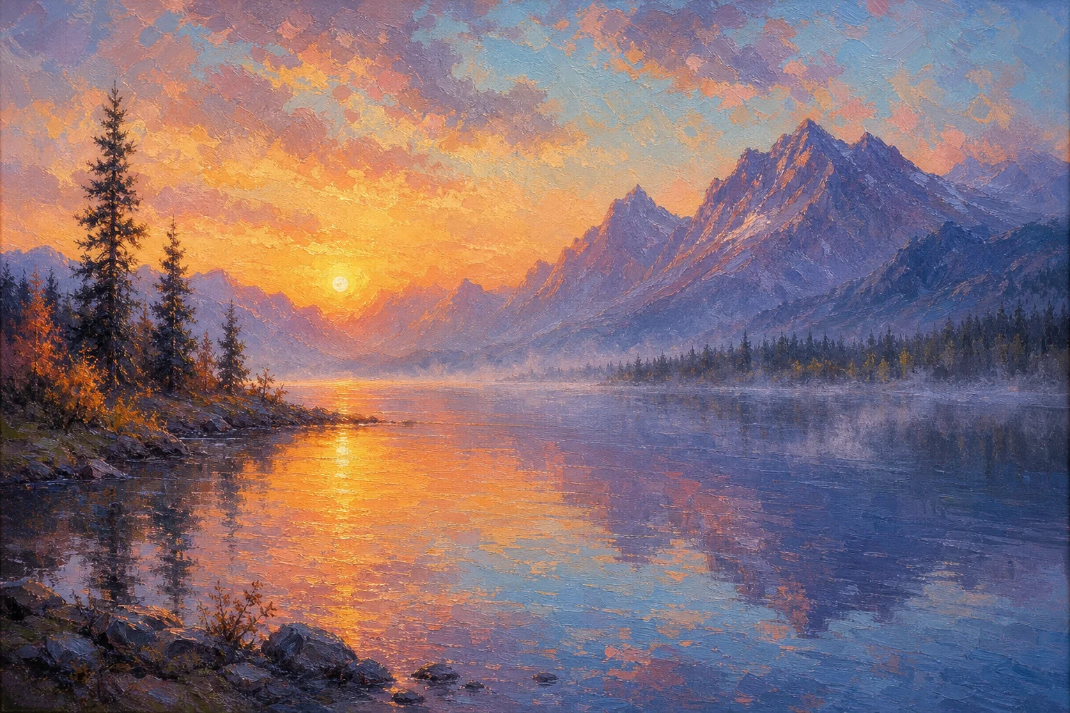 Oil painting of a mountain lake, AI generated from text