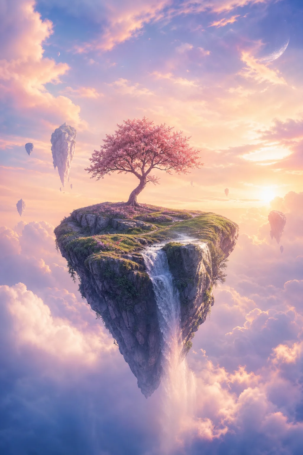 Surreal floating island in the clouds, AI generated art